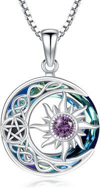 wholesale Sterling Silver Blue Crystal Sun Moon Necklace Women Birthstone Celtic Pendant Jewelry Gifts-02 Feb