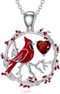 wholesale 925 Sterling Silver Heart-Shaped Garnet and Cardinal Bird Pendant Necklace - Valentine's Day Gifts for Her-0-0