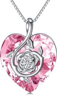 wholesale Sterling Silver Birthstone Heart Rose Pendant Necklace for Women-10-Oct- Pink Tourmaline