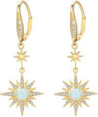 wholesale Sterling Silver Gold Plated Moonstone Opal Starburst Leverback Dangle Earrings-Gold Opal