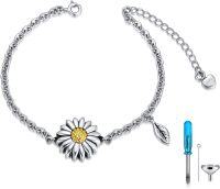 wholesale 925 Sterling Silver Daisy Flower Charm Bracelet with Leaf Pendant and Funnel Set - Memorial Keepsake Jewelry for Ashes Storage-Sunflower