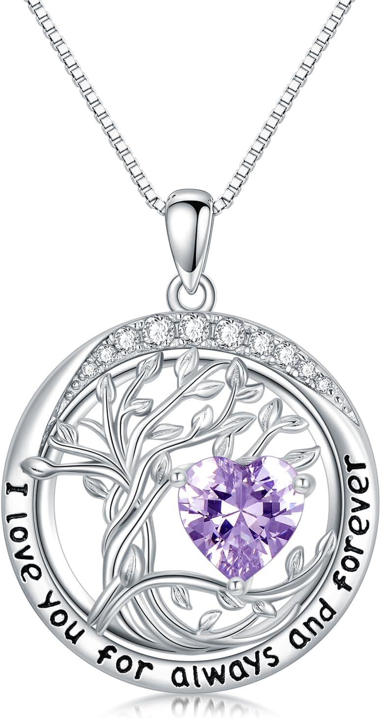 White Gold Sterling Silver Austrian Crystal Tree of Life Birthstone Necklace-06-Jun-Alexandrite