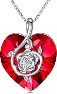 wholesale Sterling Silver Birthstone Heart Rose Pendant Necklace for Women-7-Jul-Ruby