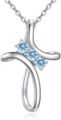 wholesale 925 Sterling Silver Aquamarine March Birthstone Cross Pendant Necklace with Rose Design-0-0