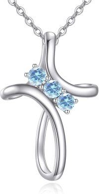 wholesale 925 Sterling Silver Aquamarine March Birthstone Cross Pendant Necklace with Rose Design-03-Mar-Aquamarine