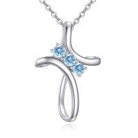 wholesale 925 Sterling Silver Aquamarine March Birthstone Cross Pendant Necklace with Rose Design-03-Mar-Aquamarine