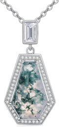 wholesale 925 Sterling Silver Hexagon Kite Shape Moss Agate and Cubic Zirconia Pendant Necklace for Women-0-0