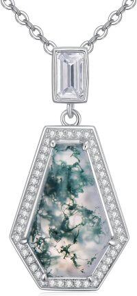 wholesale 925 Sterling Silver Hexagon Kite Shape Moss Agate and Cubic Zirconia Pendant Necklace for Women-Hexagonal