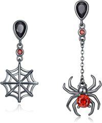 wholesale 925 Sterling Silver Spider Web & Red Crystal Pendant Halloween Dangle Earrings for Women Girls Gift 2023-Spider
