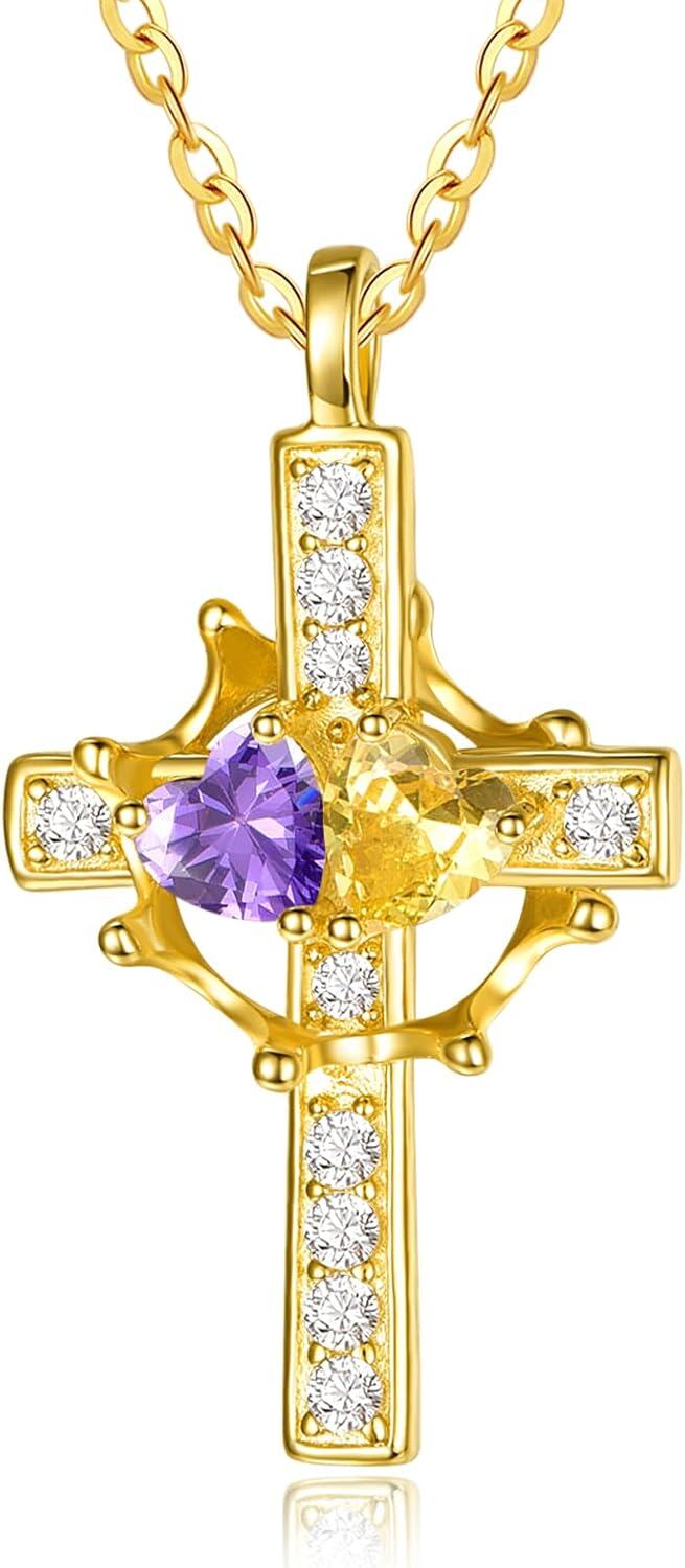 Sterling Silver Birthstones Gold Cross Necklace for Women -02-11-Feb-Nov-02-11-Feb-Nov