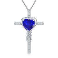 TOUPOP Sterling Silver Sapphire Cross Pendant Necklace For Women-undefined