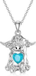 wholesale 925 Sterling Silver Heart-Shaped Blue Stone Highland Cow Pendant Necklace for Women-0-0