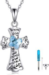 wholesale 925 Sterling Silver Blue Crystal Cross Memorial Keepsake Pendant Necklace with Funnel and Spatula Set-Butterfly Cross Urn Necklace