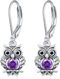 wholesale 925 Sterling Silver Purple Crystal Owl Leverback Earrings - Adorable Animal  for Her-blue