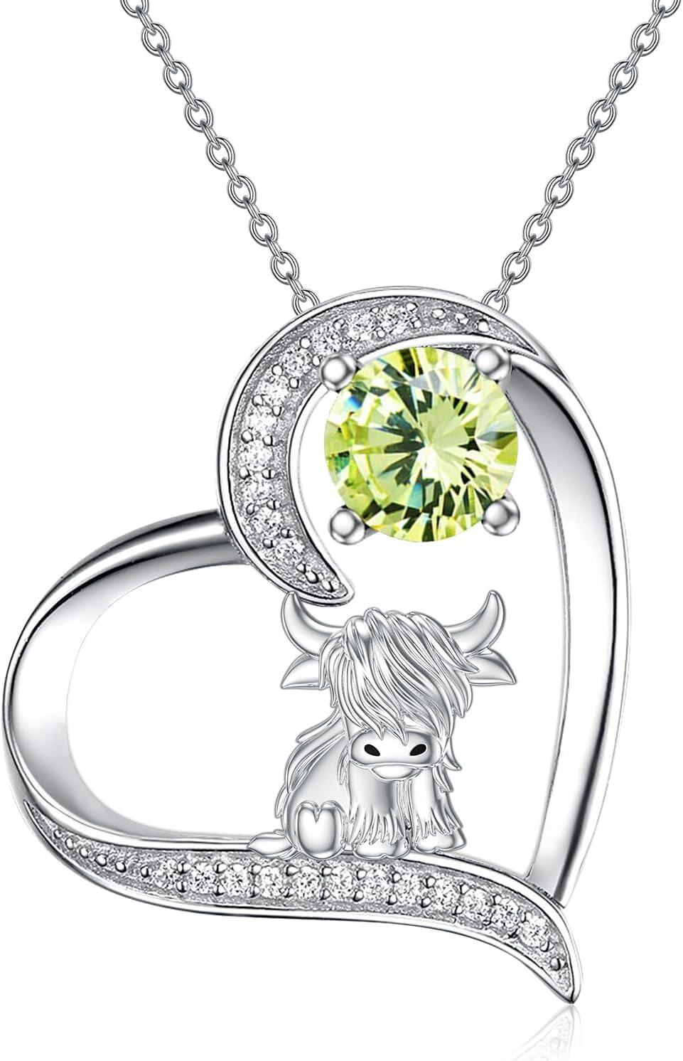 Sterling Silver Highland Cow Birthstone Necklace Jewelry Gifts for Women Girls-1-08-August-1-08-August