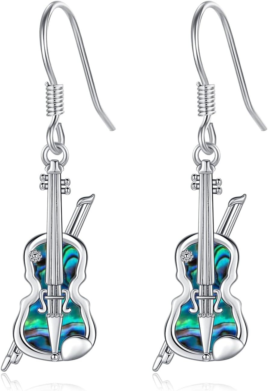 wholesale 925 Sterling Silver Violin Shape Abalone Shell Inlay Leverback Dangle Drop Earrings for Women-0-0