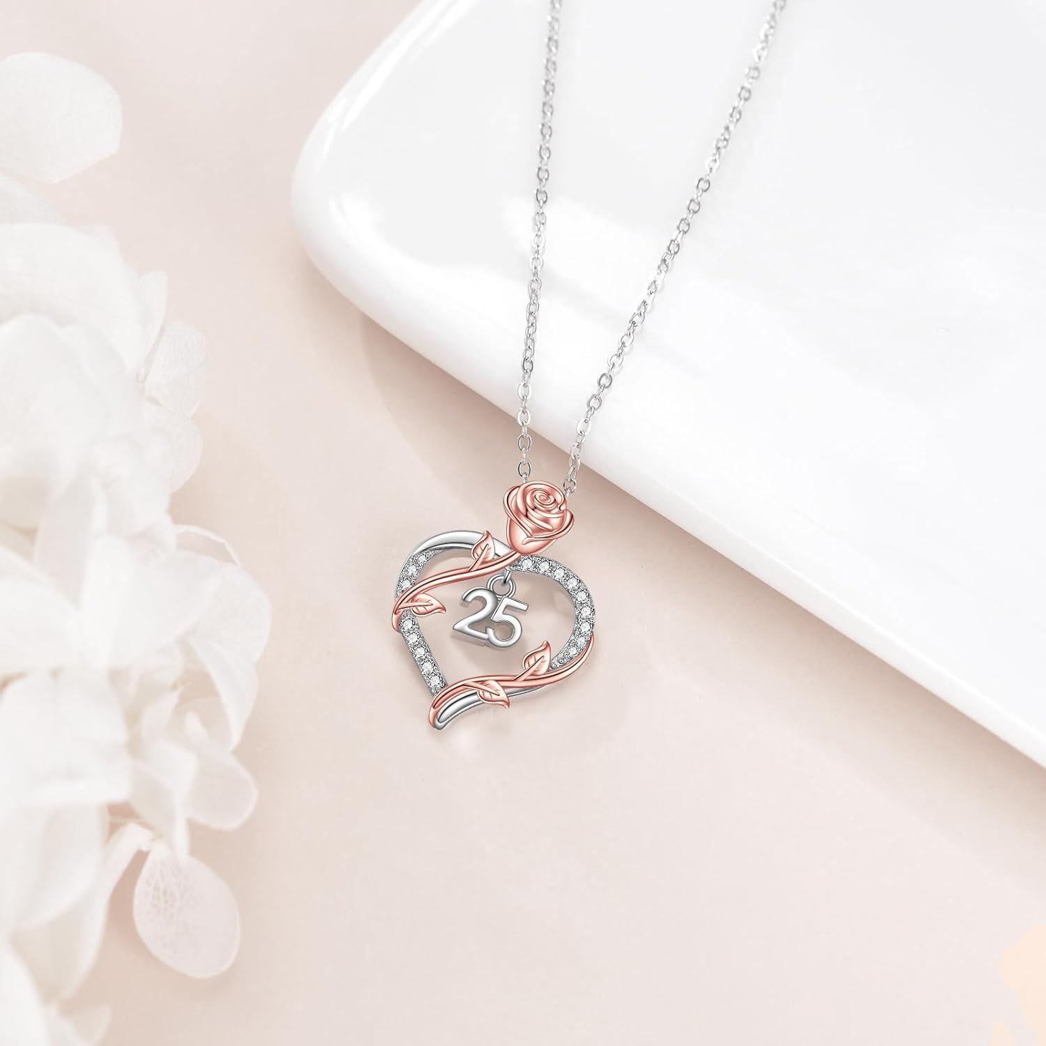 925 Sterling Silver 25th Anniversary Rose Flower Love Heart Pendant Necklace for Women-0-2