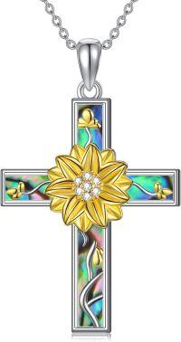 wholesale 925 Sterling Silver Flower Cross Necklace w/ Gold Ladybug Charm - Holiday Gift-Sunflower