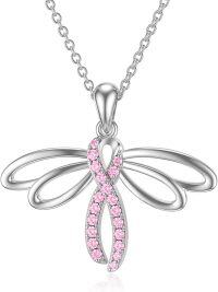 wholesale 925 Sterling Silver Pink Ribbon & Butterfly Dragonfly Cross Pendant Necklace for Breast Cancer Awareness Survivors Gift-Dragonfly Pink Ribbon