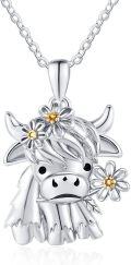 wholesale 925 Sterling Silver Highland Cow Pendant with Daisy Stones Necklaces for Women Girls s 45cm Chain Length-0-0