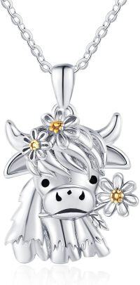 wholesale 925 Sterling Silver Highland Cow Pendant with Daisy Stones Necklaces for Women Girls s 45cm Chain Length-B-Highland Cow with Daisy