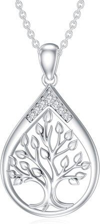 wholesale 925 Sterling Silver Teardrop Tree of Life Pendant with Cubic Zirconias and Leaves Necklace for Women's s-Type 1