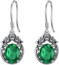 wholesale 925 Sterling Silver Emerald Dangle Earrings with Scroll Design and Hook Closure (Oval Cut)-Emerald