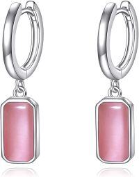 wholesale Sterling Silver Moonstone Peridot Black Onyx Rose Quartz Lapis Lazuli Square Dangle Hoop Earrings-Pink Earrings
