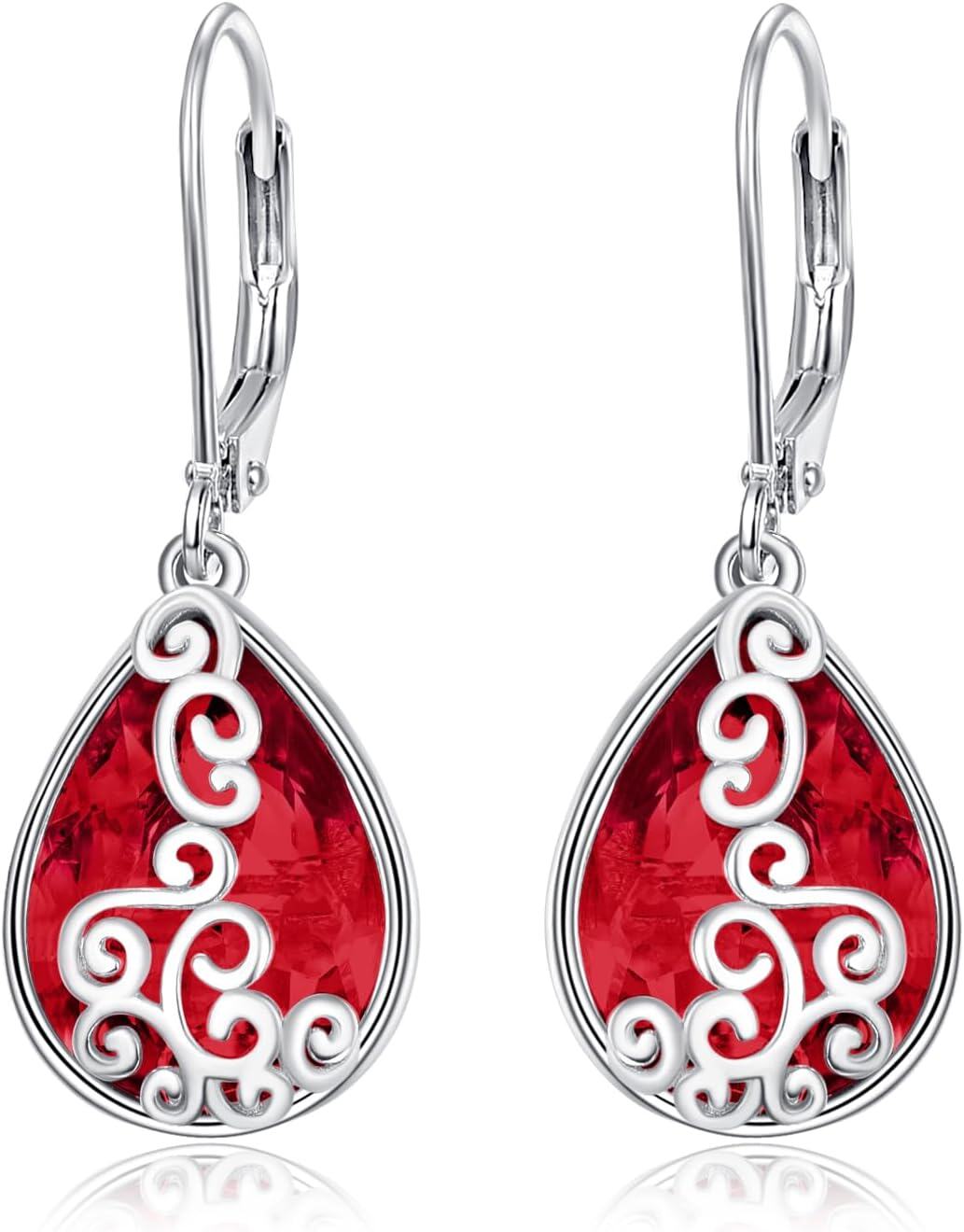 Sterling Silver Birthstone Teardrop Leverback Dangle Earrings-ruby