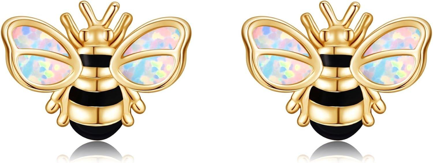 wholesale 18K Gold Opal Butterfly Black and White Striped Honeybee Stud Earrings-0-0