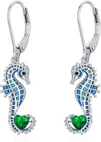 wholesale 925 Sterling Silver Birthstone Blue Seahorse Heart Drop Dangle Earrings for Women-May