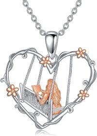 wholesale 925 Sterling Silver Heart-Shaped Swing with Flower and Woman Reading Pendant Necklace for Women-Book Lover-3