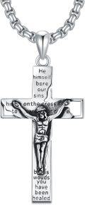 wholesale 925 Sterling Silver Cross Pendant with Jesus on the Cross and Inspirational Words for Men's Jewelry - 24 Chain Gift Set-0-0