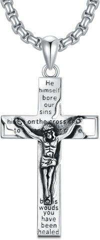 wholesale 925 Sterling Silver Cross Pendant with Jesus on the Cross and Inspirational Words for Men's Jewelry - 24 Chain Gift Set-06