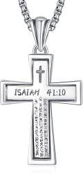 wholesale 925 Sterling Silver Cross Necklace w/ Isaiah 41:10 Bible Verse Pendant & 22+2 Rolo Chain -0-0