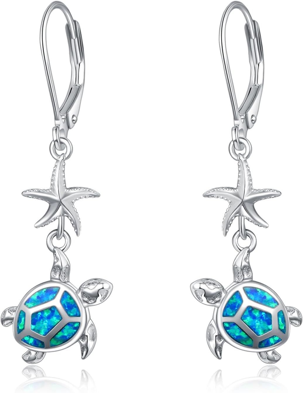 Sterling Silver Opal Starfish Turtle Earrings Ocean Jewelry for Women-Turtle