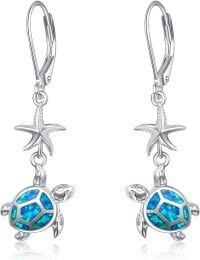 wholesale 925 Sterling Silver Blue Fire Opal Sea Turtle & Starfish Leverback Drop Earrings Ocean Inspired Jewelry for Women-Turtle