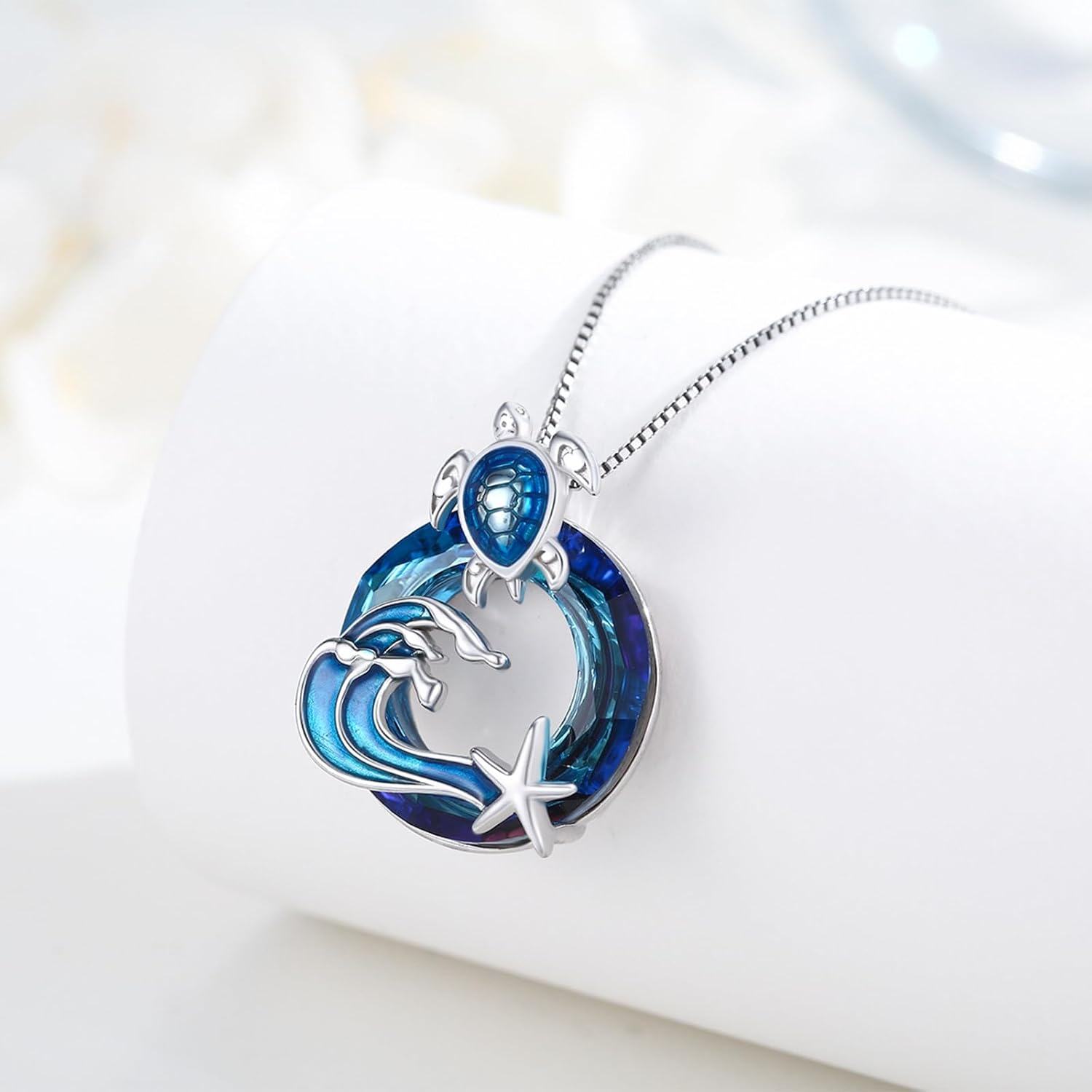 925 Sterling Silver Ocean Life Pendant with Blue Crystal Wave and Starfish Charm Necklace-0-2