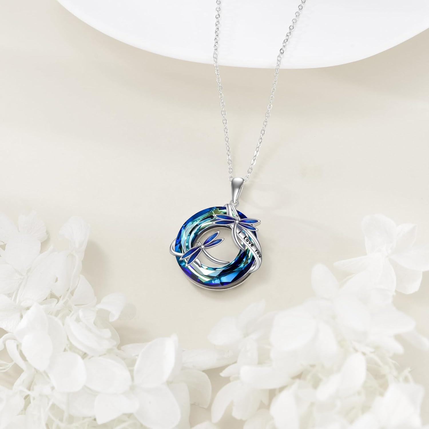 wholesale 925 Sterling Silver Blue Crystal Dragonfly Pendant Necklace with I Love You Inscription - Gifts for Her-0-4