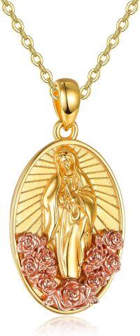 wholesale 925 Sterling Silver Gold Plated Virgin Mary Pendant Necklace with Rose Accents Religious Jewelry for Women-morden