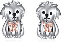 wholesale Silver Metal Studs - Adorable Dog with Bow Tie earrings for Women Girls-Maltese