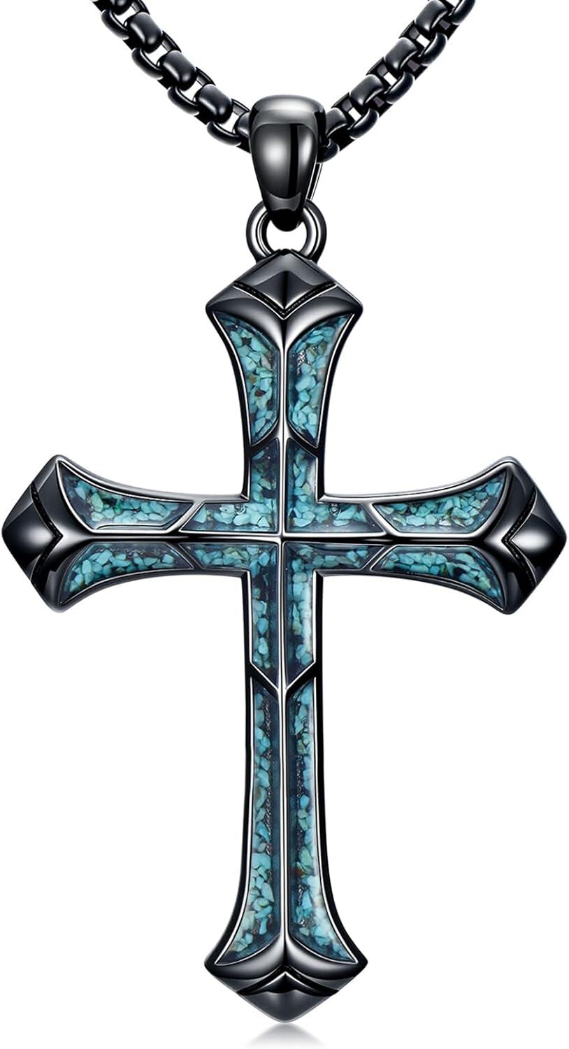 wholesale 925 Sterling Silver Turquoise Inlay Celtic Cross Pendant Necklace for Men & Women - Christian Religious s-0-0