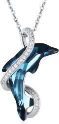 wholesale 925 Sterling Silver Blue Crystal Dolphin Pendant Necklace with CZ Accents-0-0
