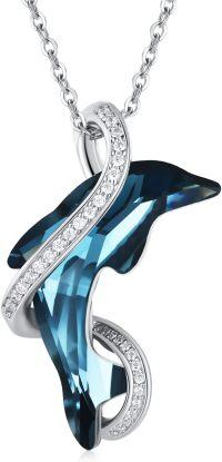 wholesale 925 Sterling Silver Blue Crystal Dolphin Pendant Necklace with CZ Accents--B