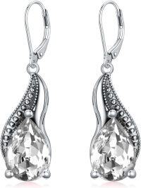 wholesale Sterling Silver Crystal Vintage Teardrop Oxidized Leverback Earrings 14 10mm-Clear White
