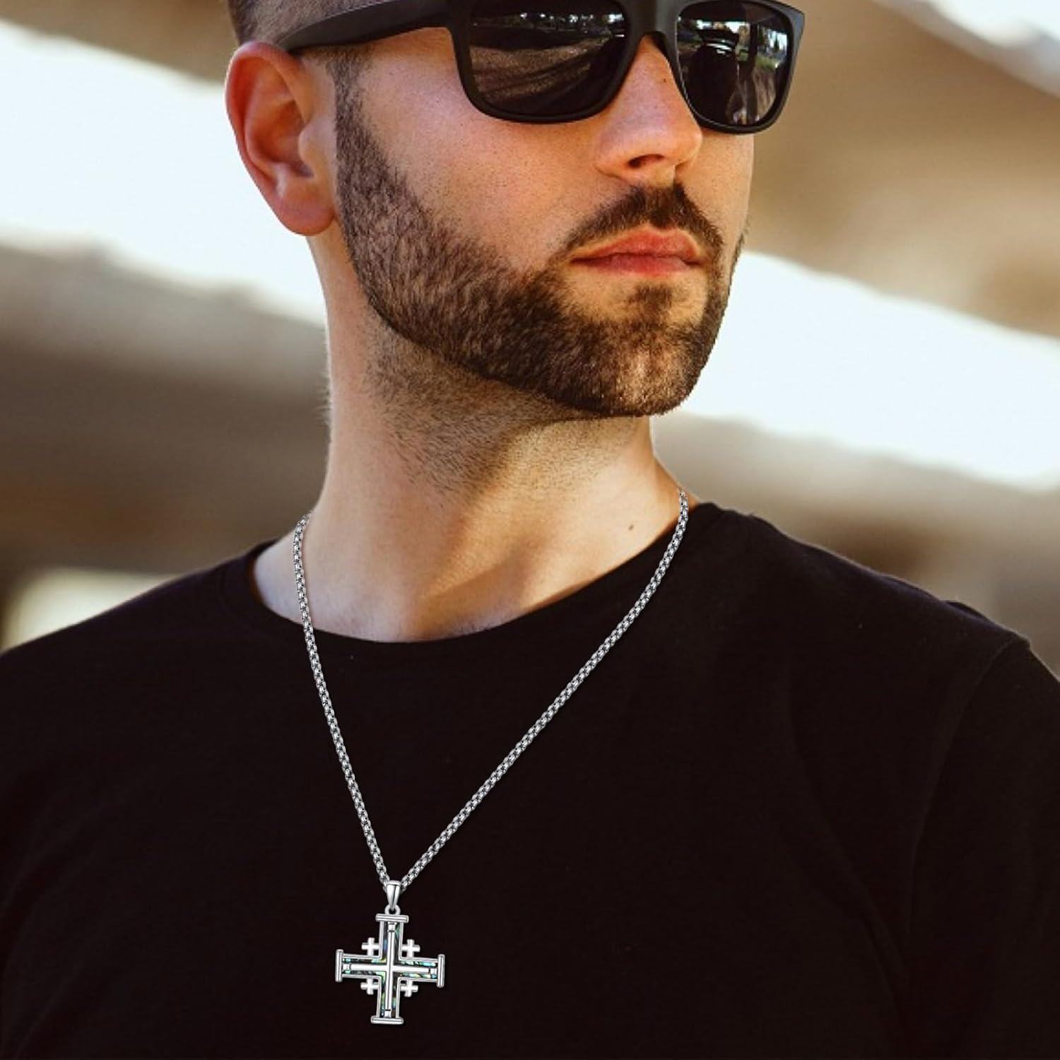 Sterling Silver Jerusalem Cross Pendant Necklace for Men Women-0-3