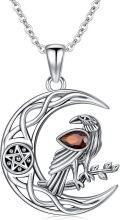 wholesale 925 Sterling Silver Raven on Crescent Moon with Garnet Stone and Pentagram Necklace for Women - Gothic Witchcraft Jewelry-0-0