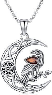 wholesale 925 Sterling Silver Raven on Crescent Moon with Garnet Stone and Pentagram Necklace for Women - Gothic Witchcraft Jewelry-Raven Pentagram