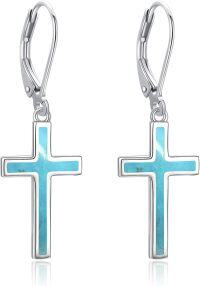 wholesale Sterling Silver Cross Leverback Dangle Drop Earrings for Women Men-turquoise cross