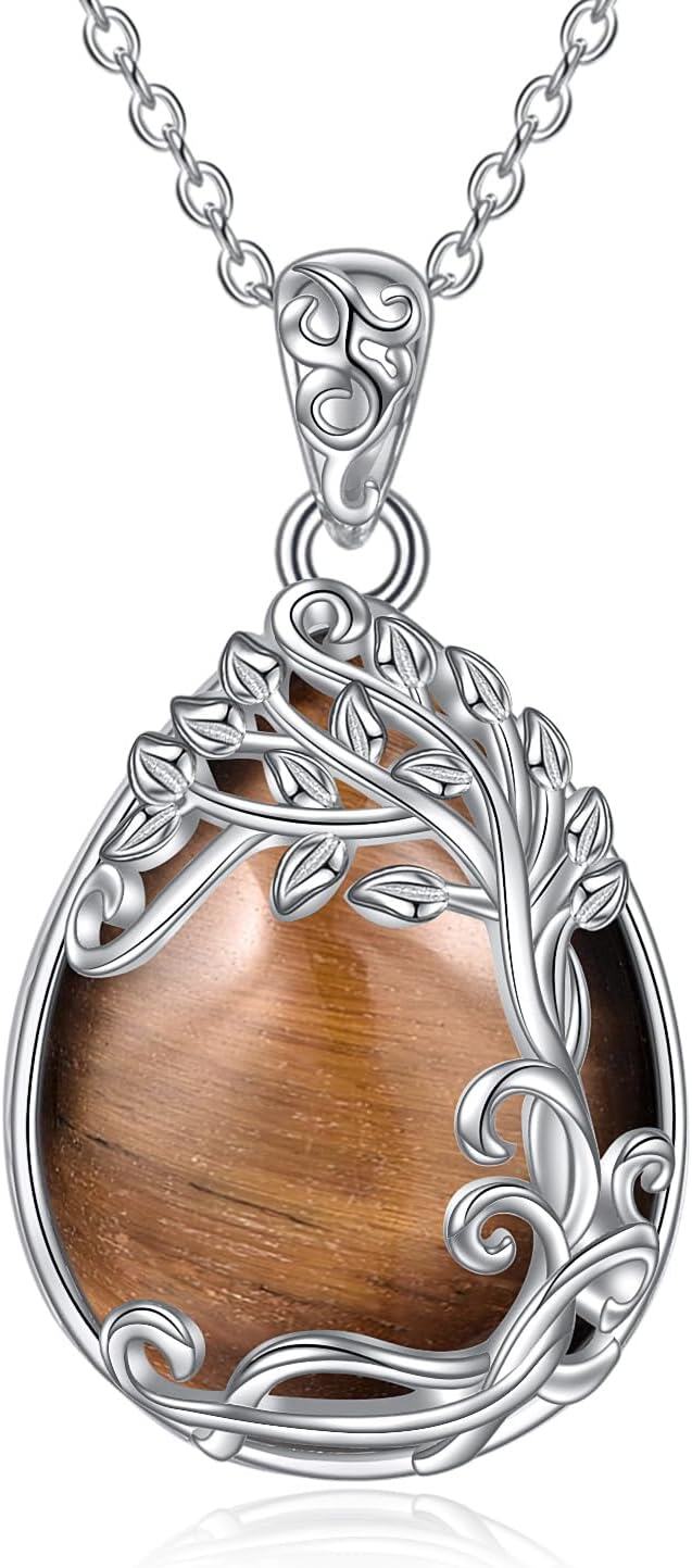 Sterling Silver Moonstone Filigree Teardrop Pendant Necklace for Women-XX-Tiger Eye Stone Tree of Life Necklace